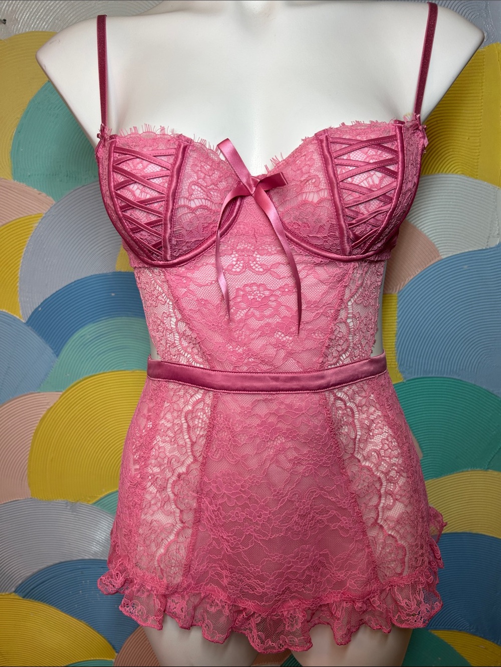 Victoria's Secret Hot Pink Lace Satin-Trim Chemise sz S